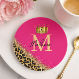 Personalized Pink Leopard Gold Glitter Monogram コースター