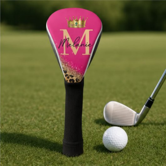 Personalized Pink Leopard Gold Glitter Monogram ゴルフヘッドカバー