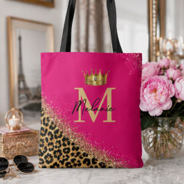 Personalized Pink Leopard Gold Glitter Monogram トートバッグ