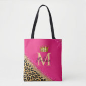 Personalized Pink Leopard Gold Glitter Monogram トートバッグ (正面)