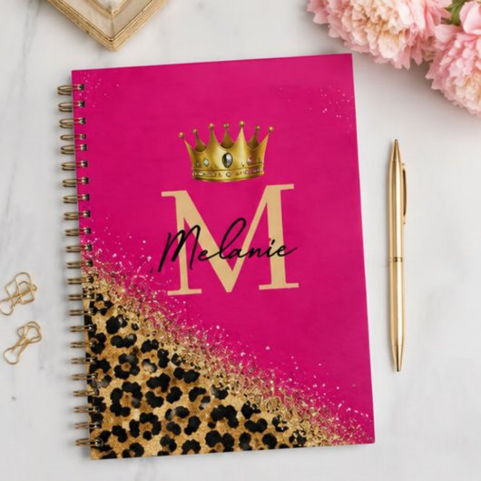 Personalized Pink Leopard Gold Glitter Monogram ノートブック
