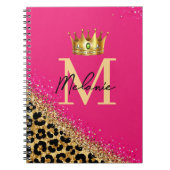 Personalized Pink Leopard Gold Glitter Monogram ノートブック (正面)
