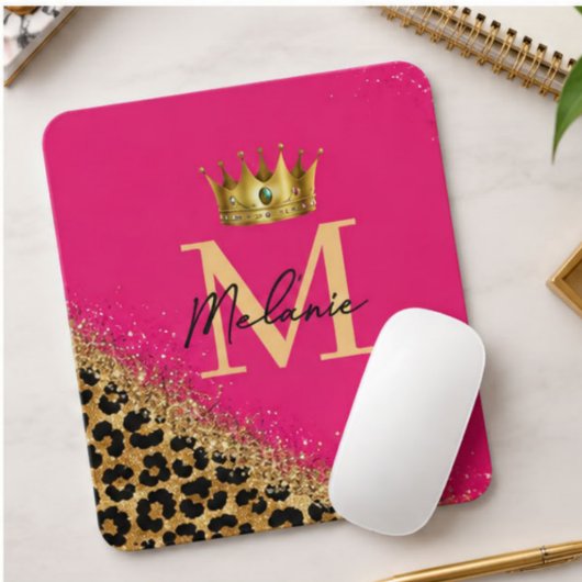 Personalized Pink Leopard Gold Glitter Monogram マウスパッド