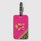 Personalized Pink Leopard Gold Glitter Monogram ラゲッジタグ (正面縦)