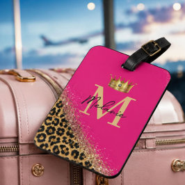 Personalized Pink Leopard Gold Glitter Monogram ラゲッジタグ
