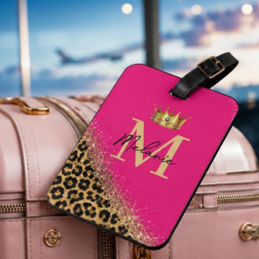Personalized Pink Leopard Gold Glitter Monogram ラゲッジタグ
