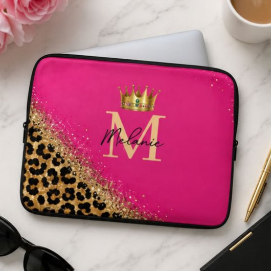 Personalized Pink Leopard Gold Glitter Monogram ラップトップスリーブ