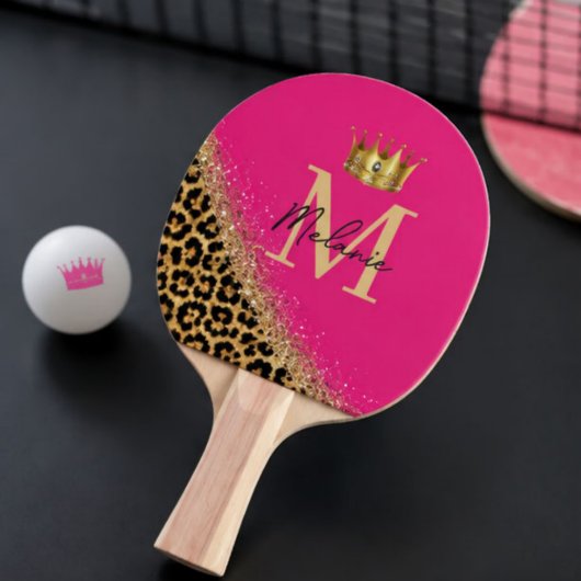 Personalized Pink Leopard Gold Glitter Monogram 卓球ラケット