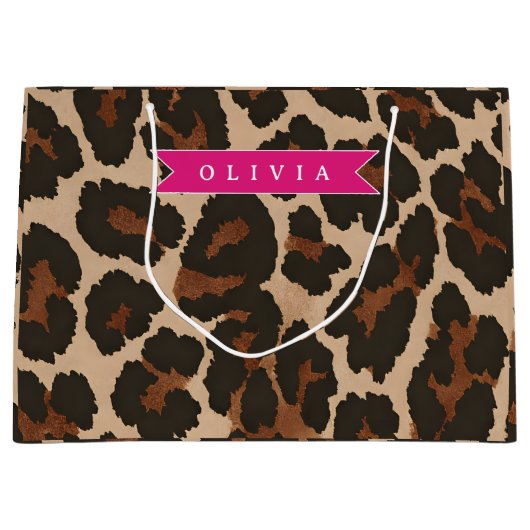 Personalized Pink Leopard Print Chic Animal Print ラージペーパーバッグ (正面)