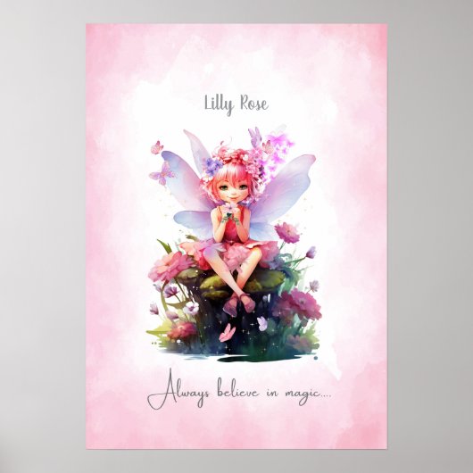 Personalized Pink & Mauve Fairy Nursery Wall Art ポスター (正面)