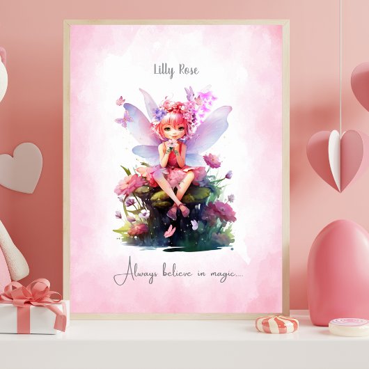 Personalized Pink & Mauve Fairy Nursery Wall Art ポスター