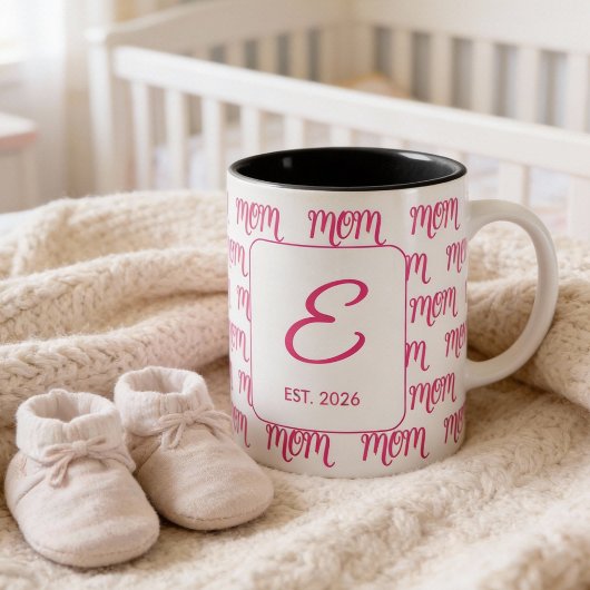 Personalized Pink New Mom Monogram Established ツートーンマグカップ