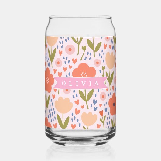 Personalized pink nordic cute folk floral pattern ガラス缶 (正面)