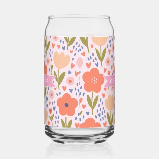 Personalized pink nordic cute folk floral pattern ガラス缶 (右)