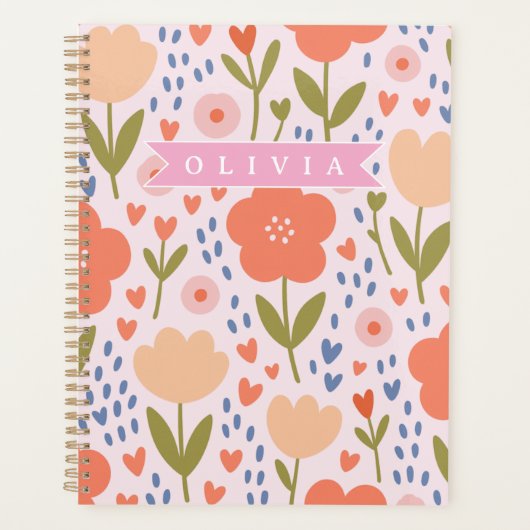 Personalized pink nordic cute folk floral pattern プランナー手帳 (正面)