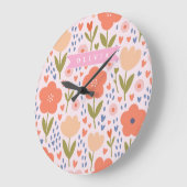 Personalized pink nordic cute folk floral pattern ラージ壁時計 (傾斜)