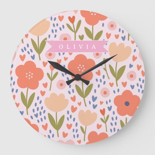 Personalized pink nordic cute folk floral pattern ラージ壁時計 (正面)