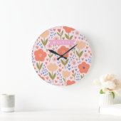 Personalized pink nordic cute folk floral pattern ラージ壁時計 (ホーム)