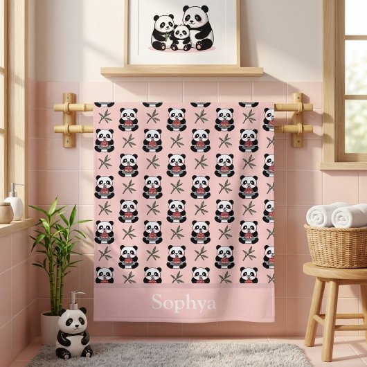 Personalized Pink Panda Kids ビーチタオル