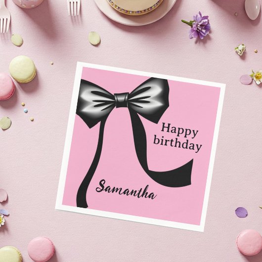 Personalized Pink Paper Napkins with Black Bow スタンダードカクテルナプキン