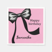 Personalized Pink Paper Napkins with Black Bow スタンダードカクテルナプキン (正面)