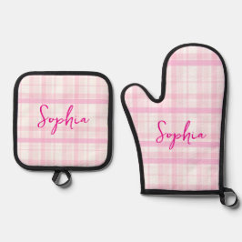 Personalized Pink Plaid  鍋つかみ&鍋敷きセット