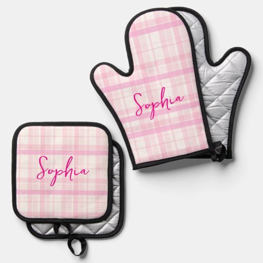Personalized Pink Plaid  鍋つかみ&鍋敷きセット (正面/裏面)