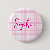 Personalized Pink Plaid button  with Name  缶バッジ (正面)