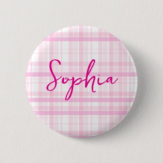 Personalized Pink Plaid button  with Name  缶バッジ (正面)