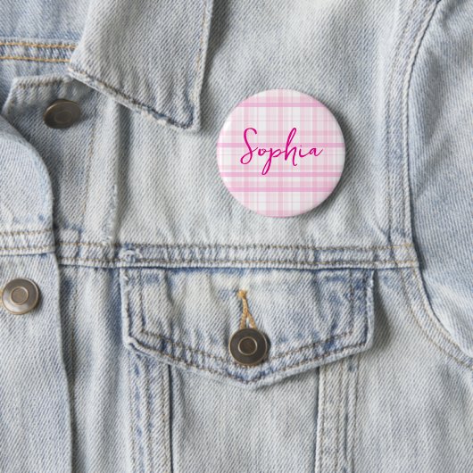 Personalized Pink Plaid button  with Name  缶バッジ (インサイチュ)