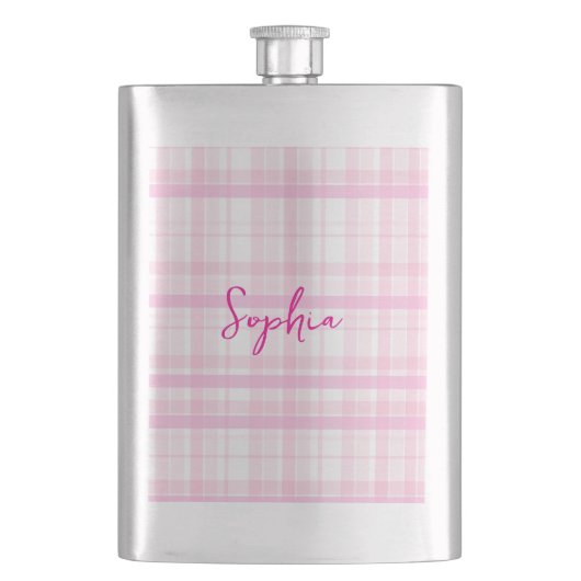 Personalized Pink Plaid Classic Flask with Name フラスク (正面)