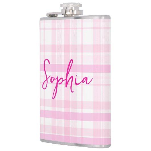 Personalized Pink Plaid Flask  with Name  フラスク (左)