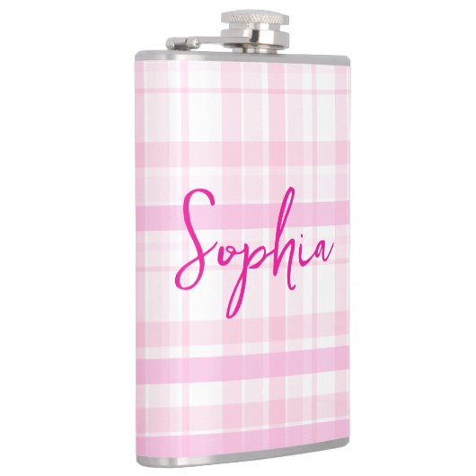 Personalized Pink Plaid Flask  with Name  フラスク (右)