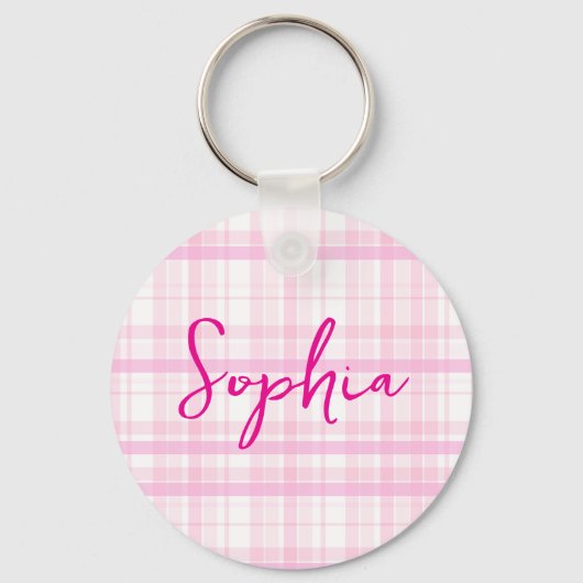 Personalized Pink Plaid keychain  with Name  キーホルダー (正面)