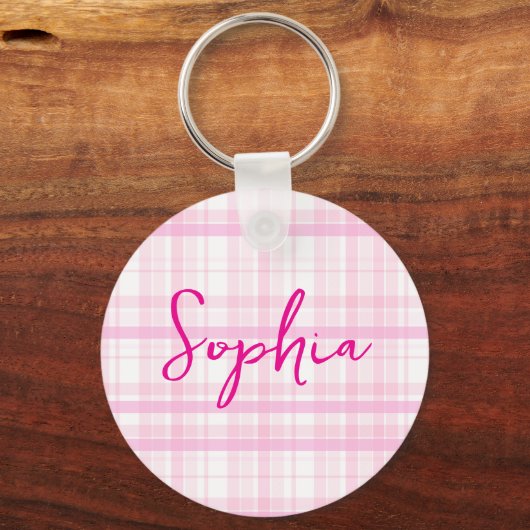 Personalized Pink Plaid keychain  with Name  キーホルダー (正面)