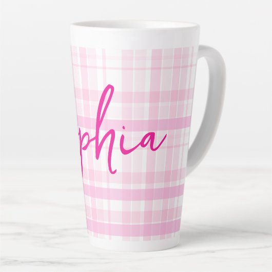 Personalized Pink Plaid Latte Mug with Name  カフェラテマグ (右アングル)