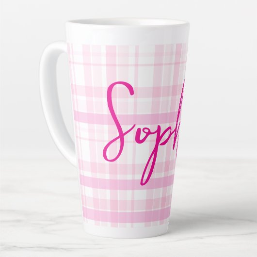 Personalized Pink Plaid Latte Mug with Name  カフェラテマグ (左アングル)