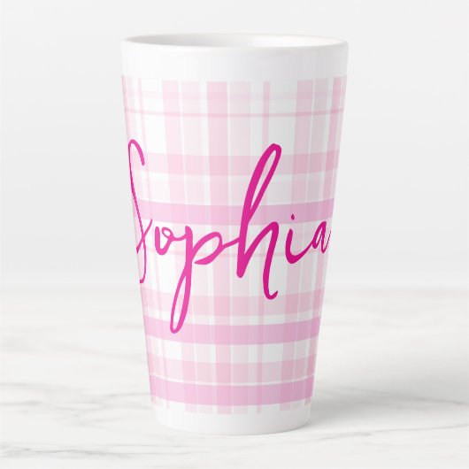 Personalized Pink Plaid Latte Mug with Name カフェラテマグ (正面)