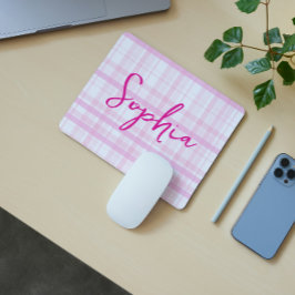 Personalized Pink Plaid Mouse Pad with Name  マウスパッド