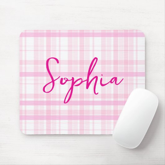 Personalized Pink Plaid Mouse Pad with Name  マウスパッド (マウス)