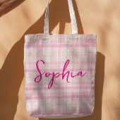 Personalized Pink Plaid Name Tote Bag トートバッグ