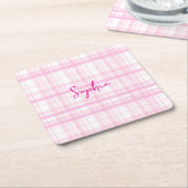 Personalized Pink Plaid Paper Coaster with Name スクエアペーパーコースター (アングル)