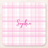Personalized Pink Plaid Paper Coaster with Name スクエアペーパーコースター (正面)