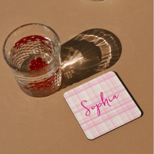 Personalized Pink Plaid Paper Coaster with Name スクエアペーパーコースター