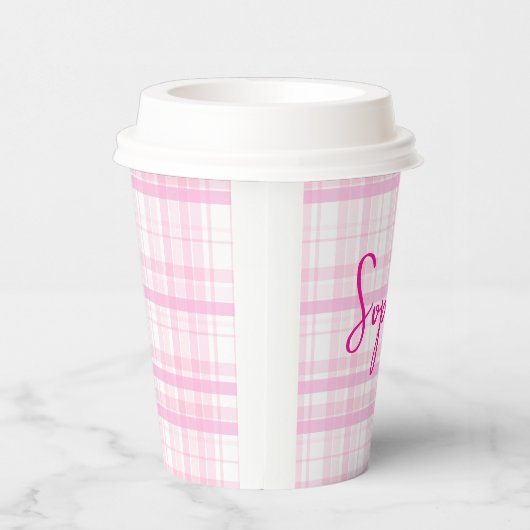 Personalized Pink Plaid Paper Cups with Name  紙コップ (右)
