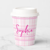 Personalized Pink Plaid Paper Cups with Name  紙コップ (正面)