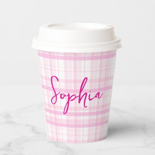 Personalized Pink Plaid Paper Cups with Name  紙コップ (正面)