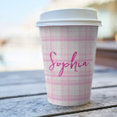 Personalized Pink Plaid Paper Cups with Name  紙コップ