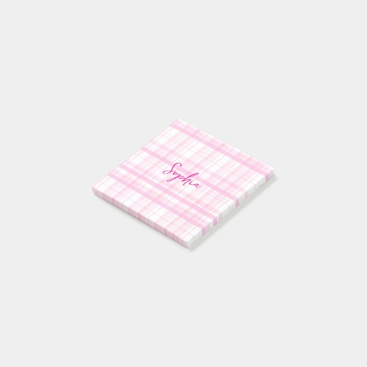 Personalized Pink Plaid Post-It Notes with Name  ポストイット (アングル)