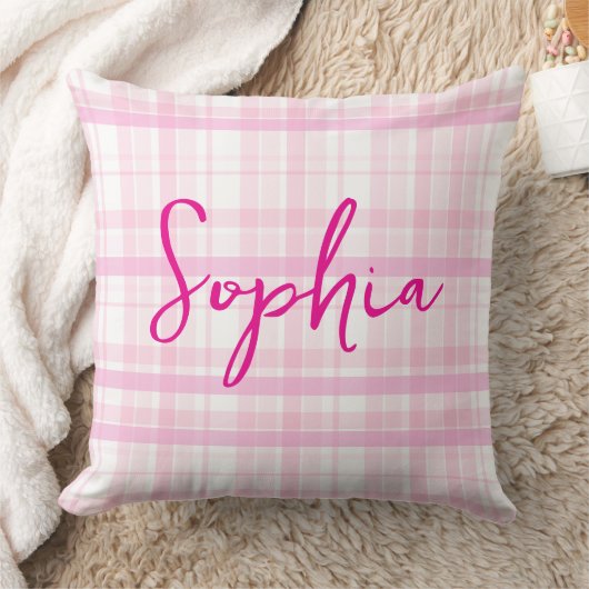 Personalized Pink Plaid throw pillow with Name  クッション (ブランケット)